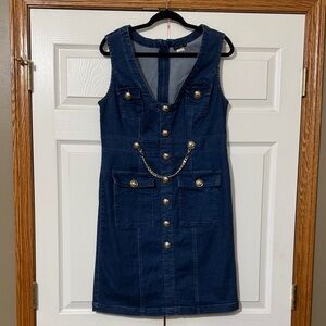 VENUS Dark Blue Denim Dress with Gold Chain & Buttons